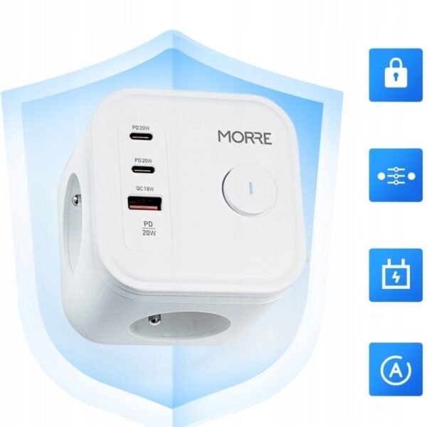 MORRE M404 — куб-подовжувач 3680 Вт, 3×AC + 3×USB (до 20 Вт) - Зображення 5