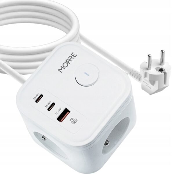 MORRE M404 — куб-подовжувач 3680 Вт, 3×AC + 3×USB (до 20 Вт) - Зображення 4