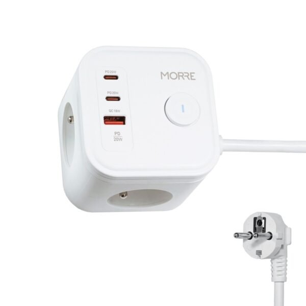 MORRE M404 — куб-подовжувач 3680 Вт, 3×AC + 3×USB (до 20 Вт) - Зображення 2