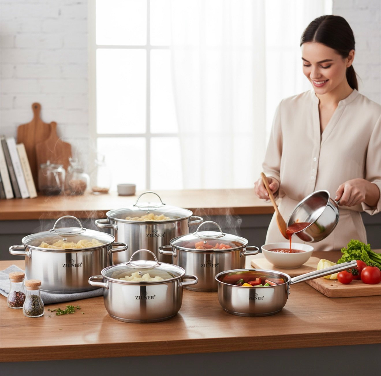 Набір каструль ZILNER ZL-8140 з нержавіючої сталі, 9 предметів, індукція - Зображення 3