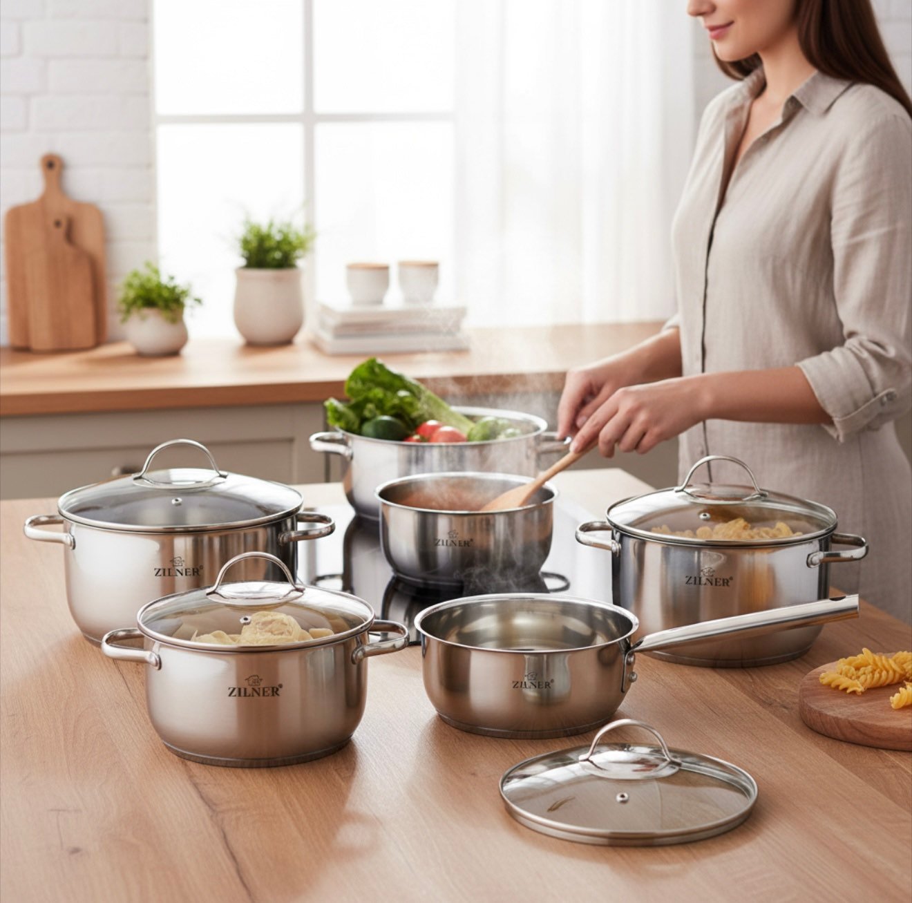 Набір каструль ZILNER ZL-8140 з нержавіючої сталі, 9 предметів, індукція - Зображення 4
