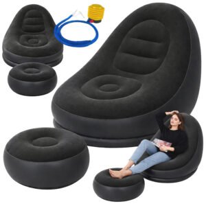 Надувний диван AIR SOFA з насосом — чорне велюрове надувне крісло-диван для дому, дачі, пляжу та кемпінгу