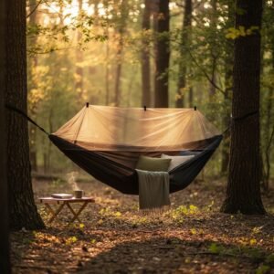 Гамак із москітною сіткою 220×120 см чорний — туристичний підвісний гамак для кемпінгу, дачі та відпочинку