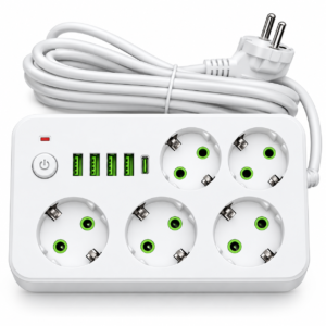 Мережевий Фільтр Подовжувач 5 Розеток 4 USB + Type-C 5 м 2500 Вт